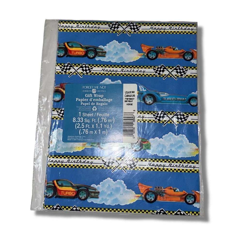 Vintage Blue Race Car Gift Wrap with Orange & Teal Cars